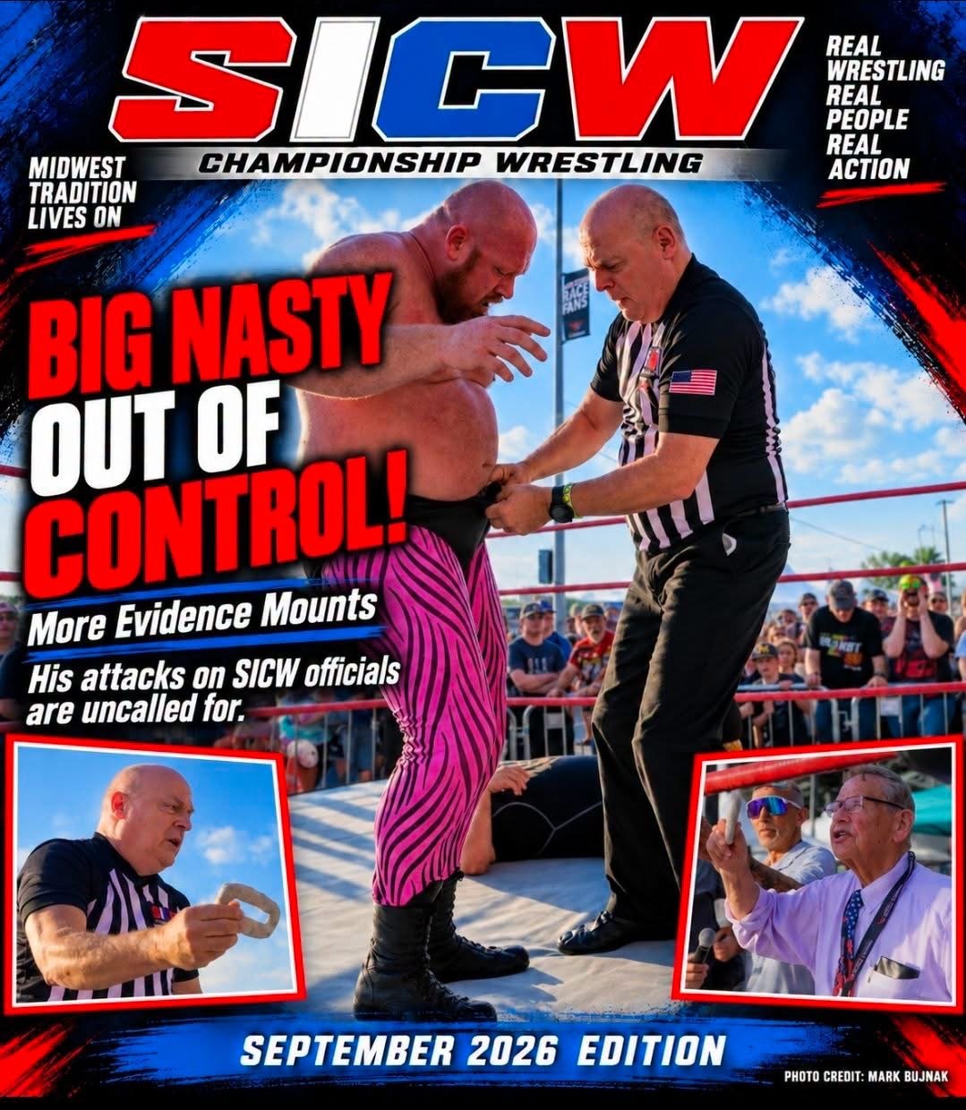 SICW September 2026 program cover headlined 'Big Nasty Out of Control,' showing Glenn Williams grabbing referee Freddy Jack's ring gear as officials look on