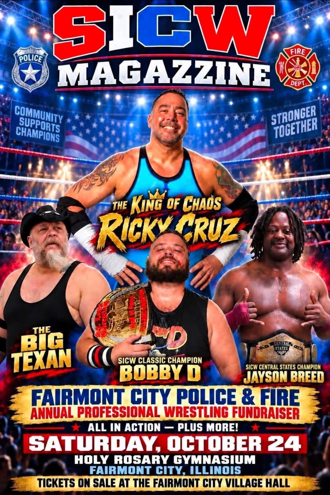 SICW Magazzine flyer for Saturday, October 24 at Holy Rosary Gymnasium in Fairmont City, Illinois, the Fairmont City Police & Fire Department's annual wrestling fundraiser, headlined by Ricky Cruz