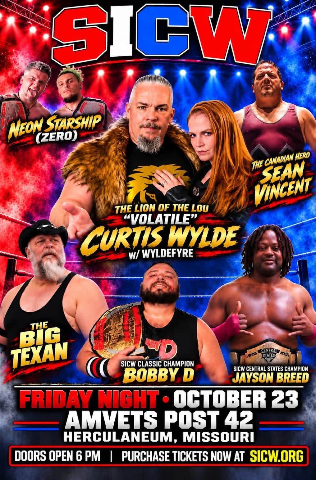 SICW Live flyer for Friday, October 23 at Amvets Post 42 in Herculaneum, Missouri, headlined by Neon Starship, "Volatile" Curtis Wylde, Sean Vincent, The Big Texan, Bobby D and Jayson Breed